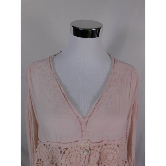 ICON Blouse Womens One Size Pink Crochet Lace Boho V Neck Long Sleeve Peplum - Picture 2 of 12